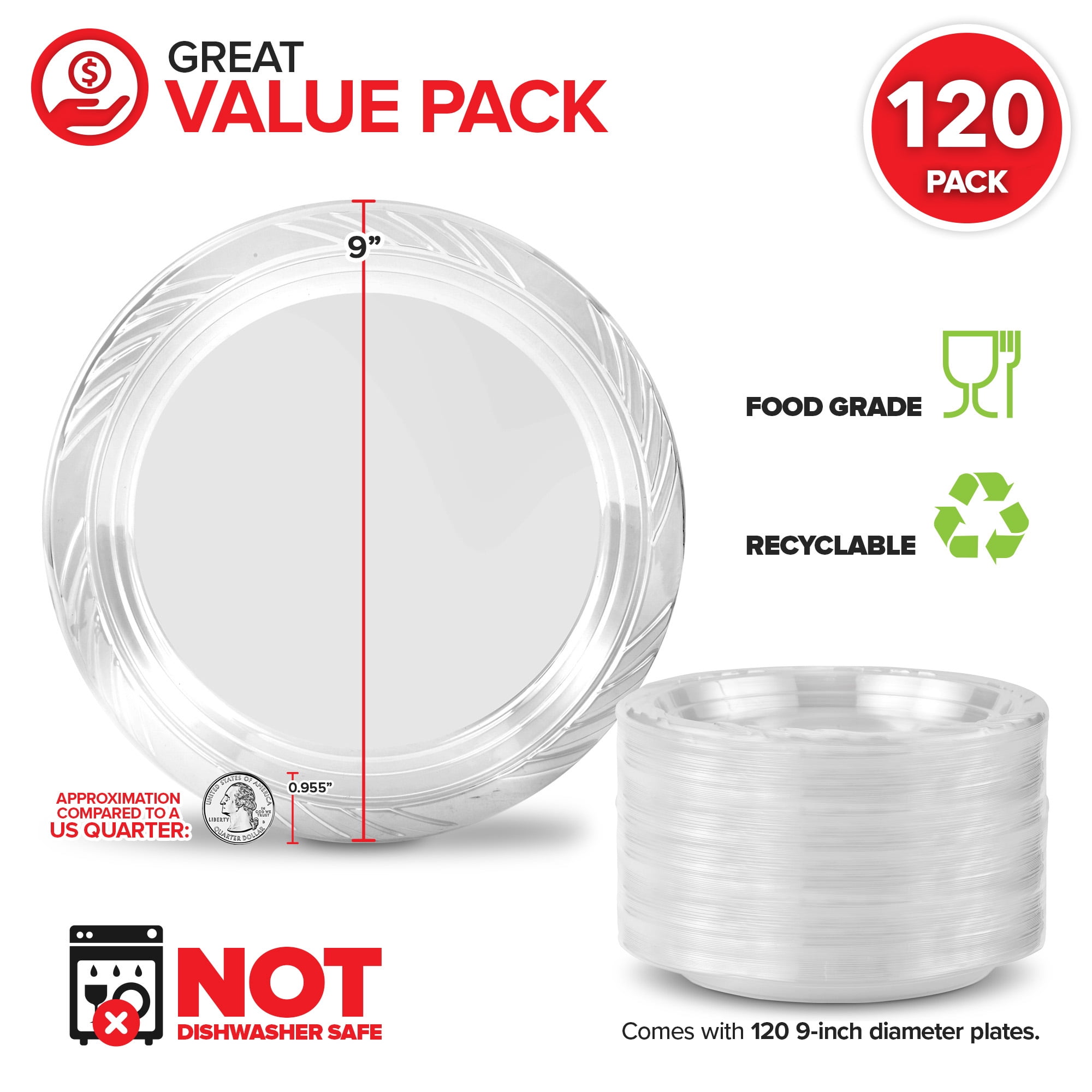 Stock Your Home 120-Count 9" Clear Plastic Plates, Heavy Duty, Disposable, for Parties & Events