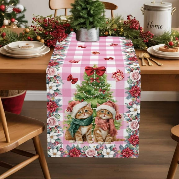 Christmas Bow Tree Table Runner 13x60in Non-Slip Cotton Linen Table Runners, Pink White Plaid Cute Cat Dresser Scarves TableRunner for Dinner Kitchen Dining Wedding Party