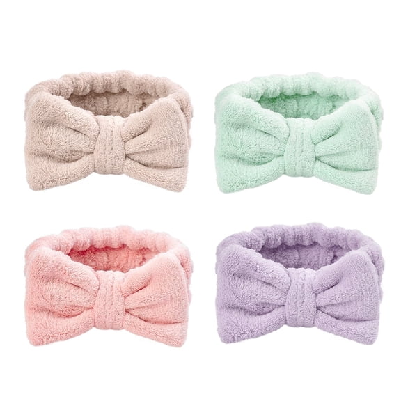 HUIANER 4Pcs Spa Headbands ,Colourful Bow Coral Fleece Makeup Headband for Women Washing Face(Solid color)