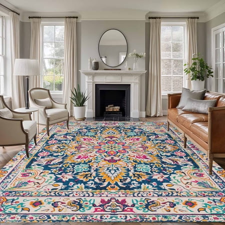 Colorful Boho Area Rug 6x9 FT, Non Slip Living Room Throw Carpet, Ethnic Vintage Mexican Flowers Southwestern Washable Soft Large Floor Carpet Non-Shedding Rug for Bedroom Dining Room Play Room