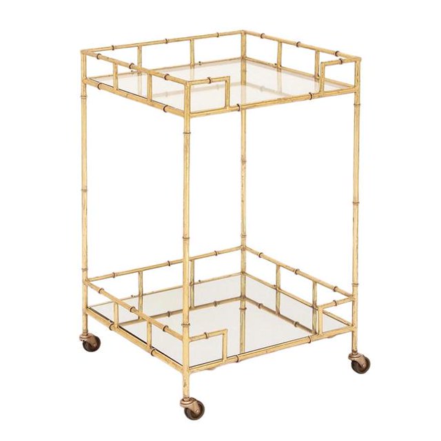 Urban Designs 7727556 Gold Leaf 2-Shelf Square Metal Mirror Mobile Bar Cart - 30 x 18 x 18 in.