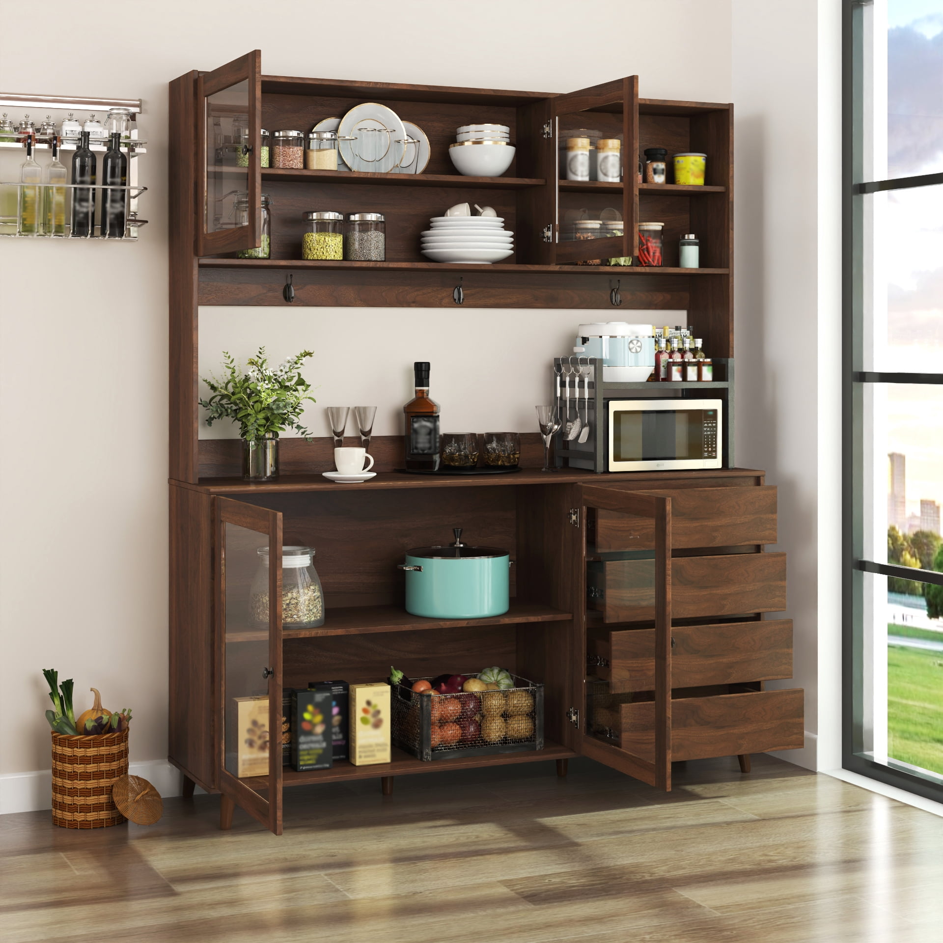 Large Kitchen Pantry Storage Cabinet w/4 Glass Doors & 4 Drawers, Food Hutch w/Microwave Stand & Hooks