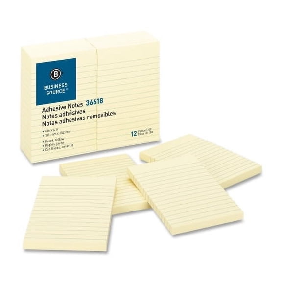 Business Source Ruled Adhesive Notes 4" x 6" - Rectangle - Ruled - Yellow - Solvent-free Adhesive, Self-adhesive - 12 / Pack