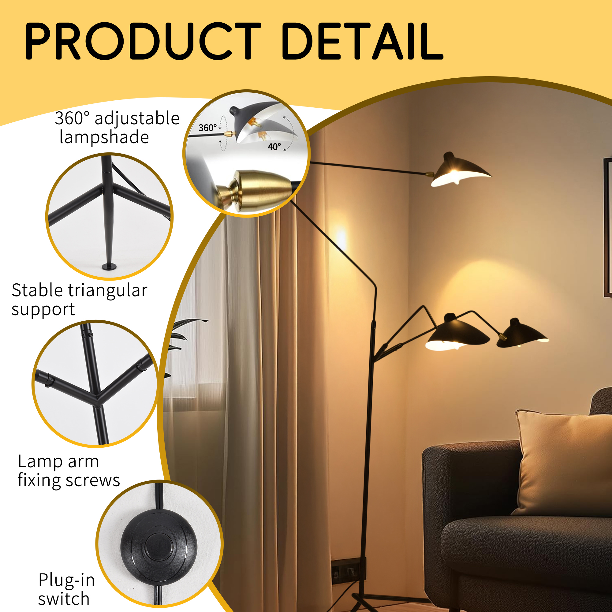3-Shade Adjustable Floor Lamp, Modern Reading Lamp with Dimmable Tri-Light Design for Living Room, Bedroom & Office