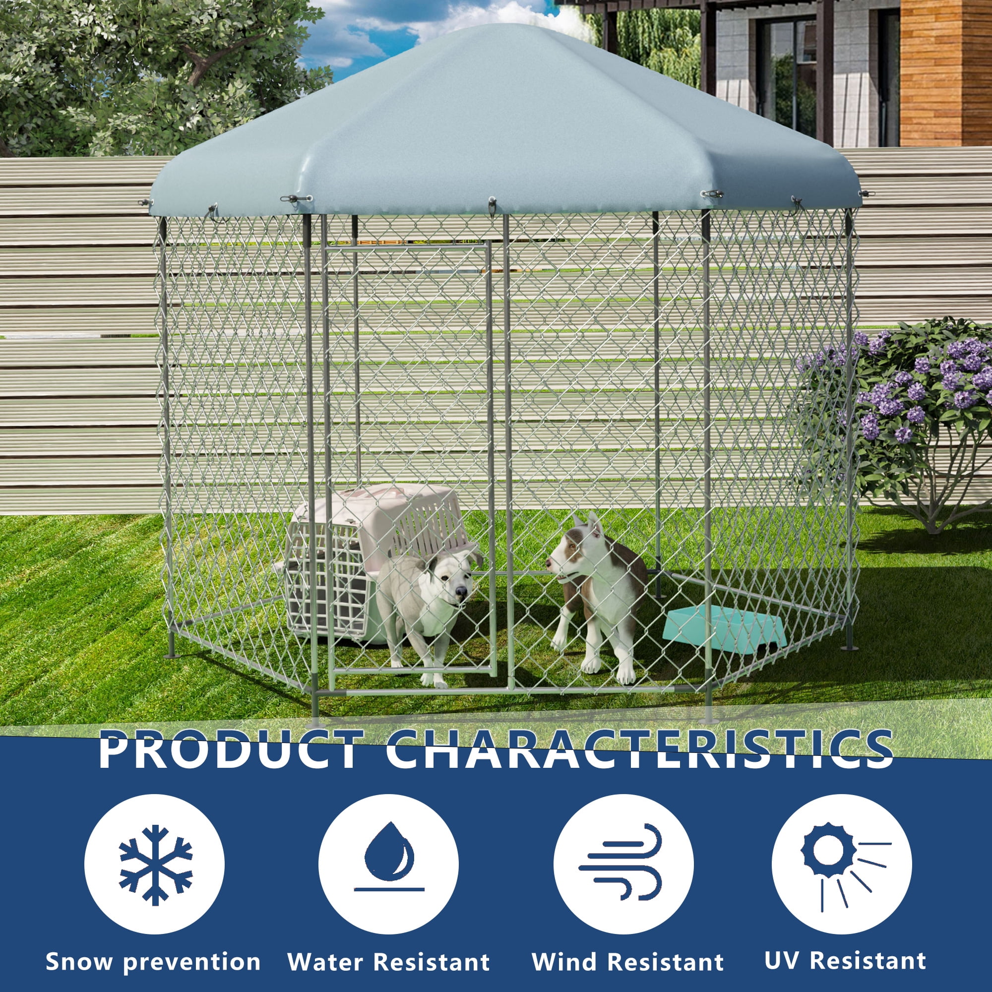 EUNHOO Kennel for Large Dogs,6.9'L x 6.9'W x 7.5'H Outdoor Dog Fence for Yard,Dog House Outside for Big Dog Run,Dog Enclosure with Roof