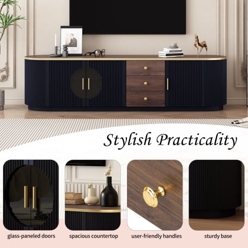 70.8 Inch Modern Minimalist TV Stand for TVs up to 80 Inches, Wood Grain Entertainment Center with 2 Glass Door Cabinets, 3 Drawers and Interior Shelf, Black