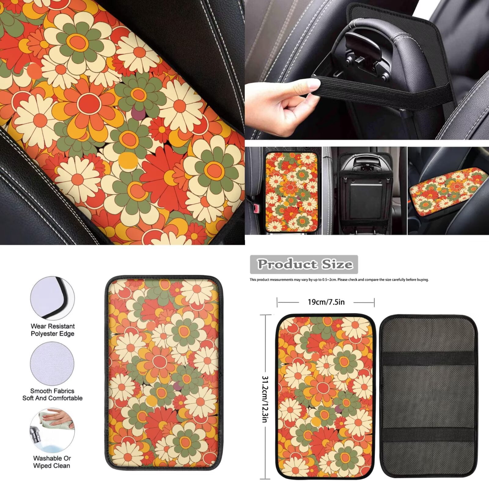 Jeiento 13 PCS Car Seat Cover Set with Steering Wheel Cover Seat Belt Strap Cover Armrest Cover Coaster Keychain Abstract Hippie Flower Automobile Interior Sets Decor Easy to Install