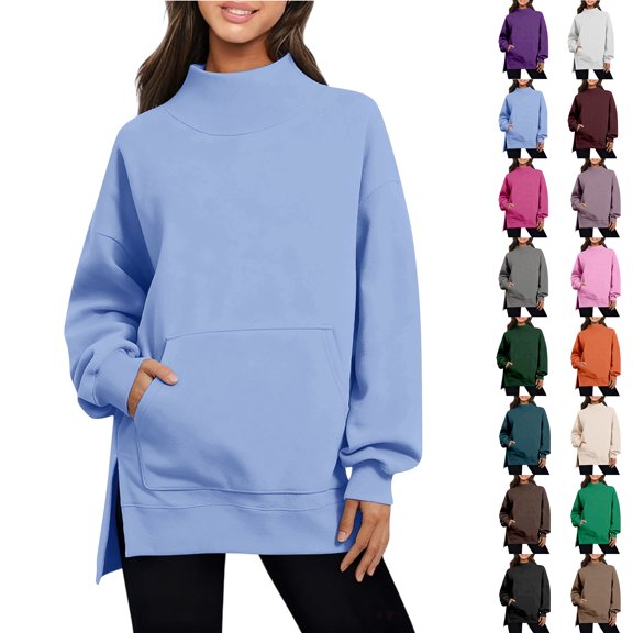 Hrsba Comfy Sweatshirts for Women Solid Tone Stand Collar Split Hem Loose Long Sleeve Thermal Winter Daily Basic Sweatshirt