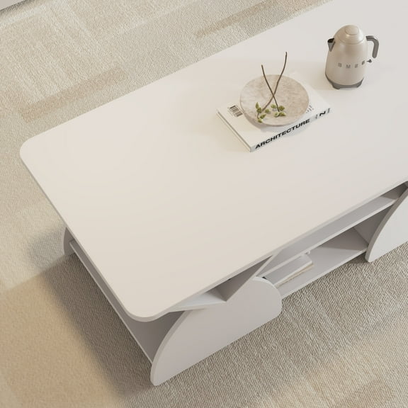 Coffee Tables Engineered wood rounded corner rectangular coffee table for living room, easy assembly storage table with open shelves sturdy frame for Reception Room, Modern Coffee Table Geometric Des