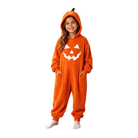 BOOMNY Halloween Toddler Girls Flannel Romper Hallowmas Pumpkin Face Graphic Long Sleeve Jumpsuits for Kids Soft Warm One Piece Fuzzy Rompers