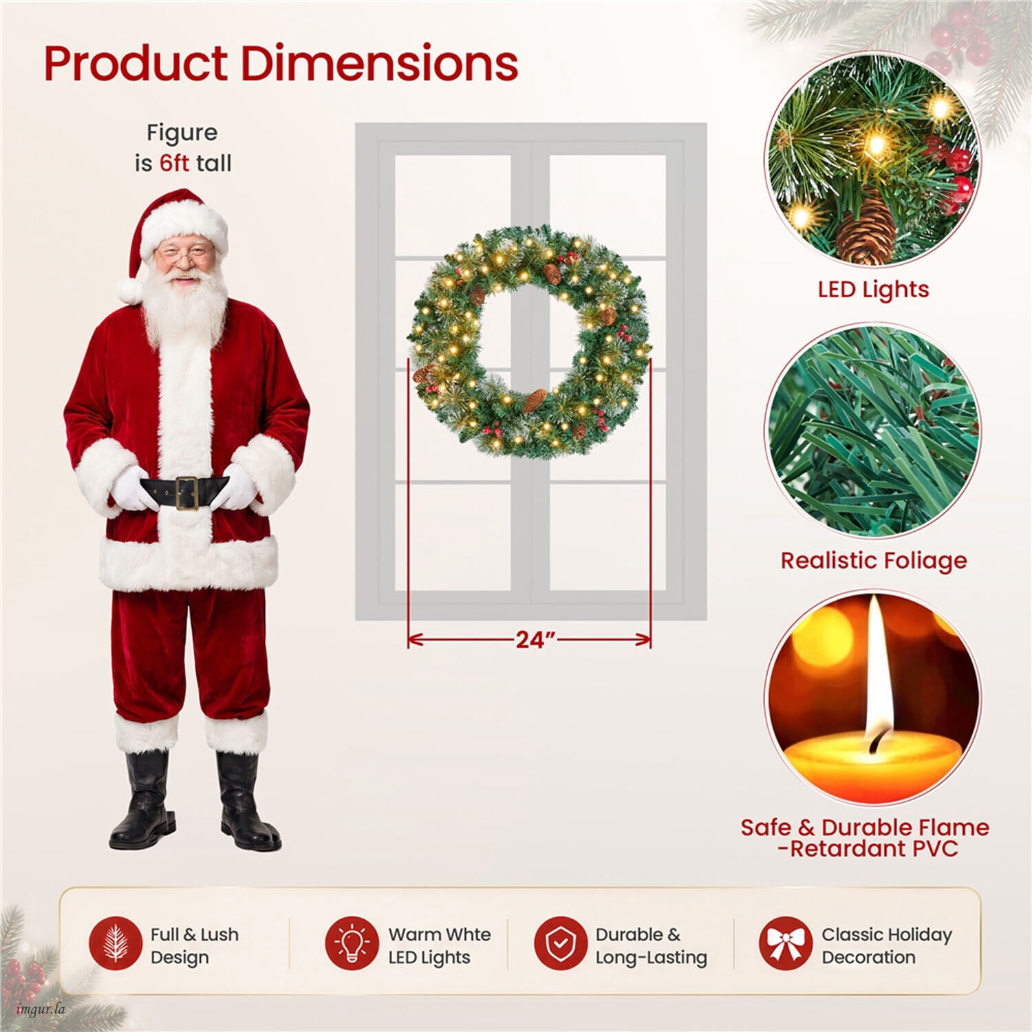 Alden Design 24 inch Artificial Pre-lit Frosted Christmas Wreath with Bowknot & Pinecones & Holly Berries & LED Lights, Green