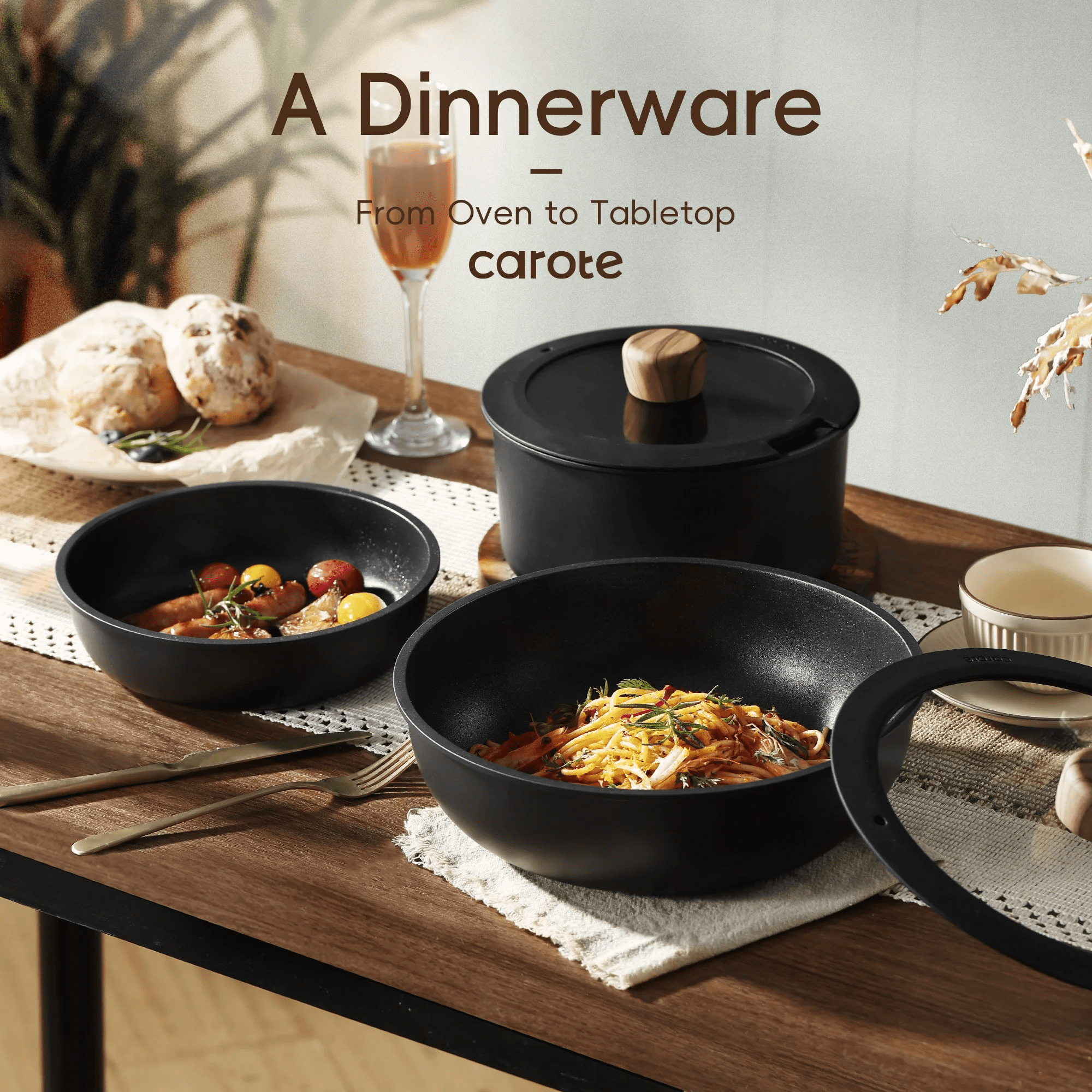 Carote 15 Pcs Nonstick Cookware Sets, Granite Non Stick Pots and Pans with Removable Handles, Oven Safe, Induction Compatible, Black