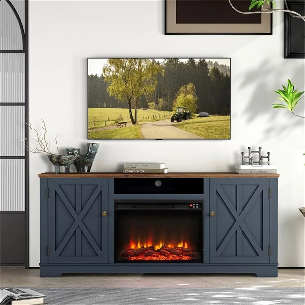 70" TV Stand with 26" Electric Fireplace-Navy