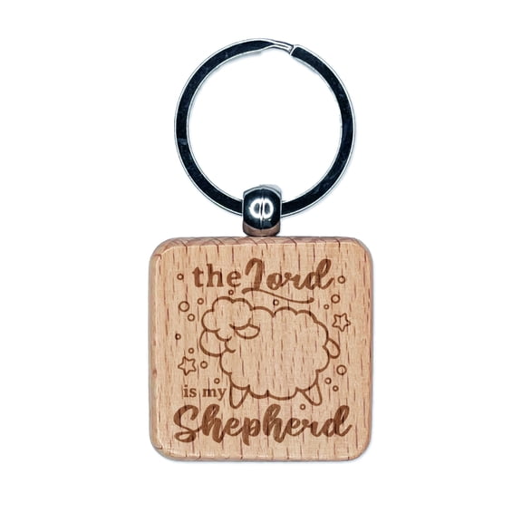 Sweet Nursery Sheep The Lord is My Shepherd Bible Psalm 23 Square Keychain Charm Tag - Engraved Wood