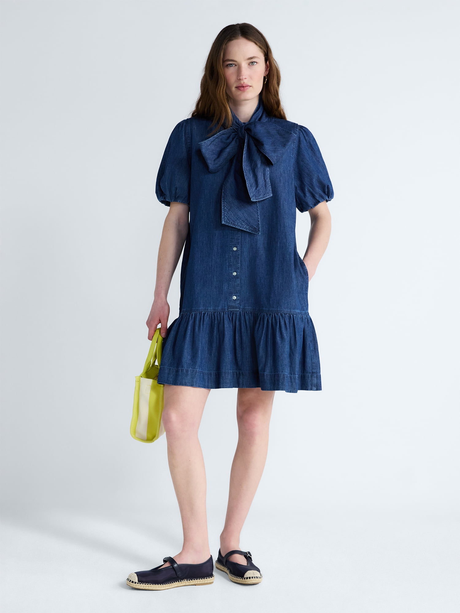 Free Assembly Women's Tie Neck Denim Mini Dress, Sizes XS-XXL