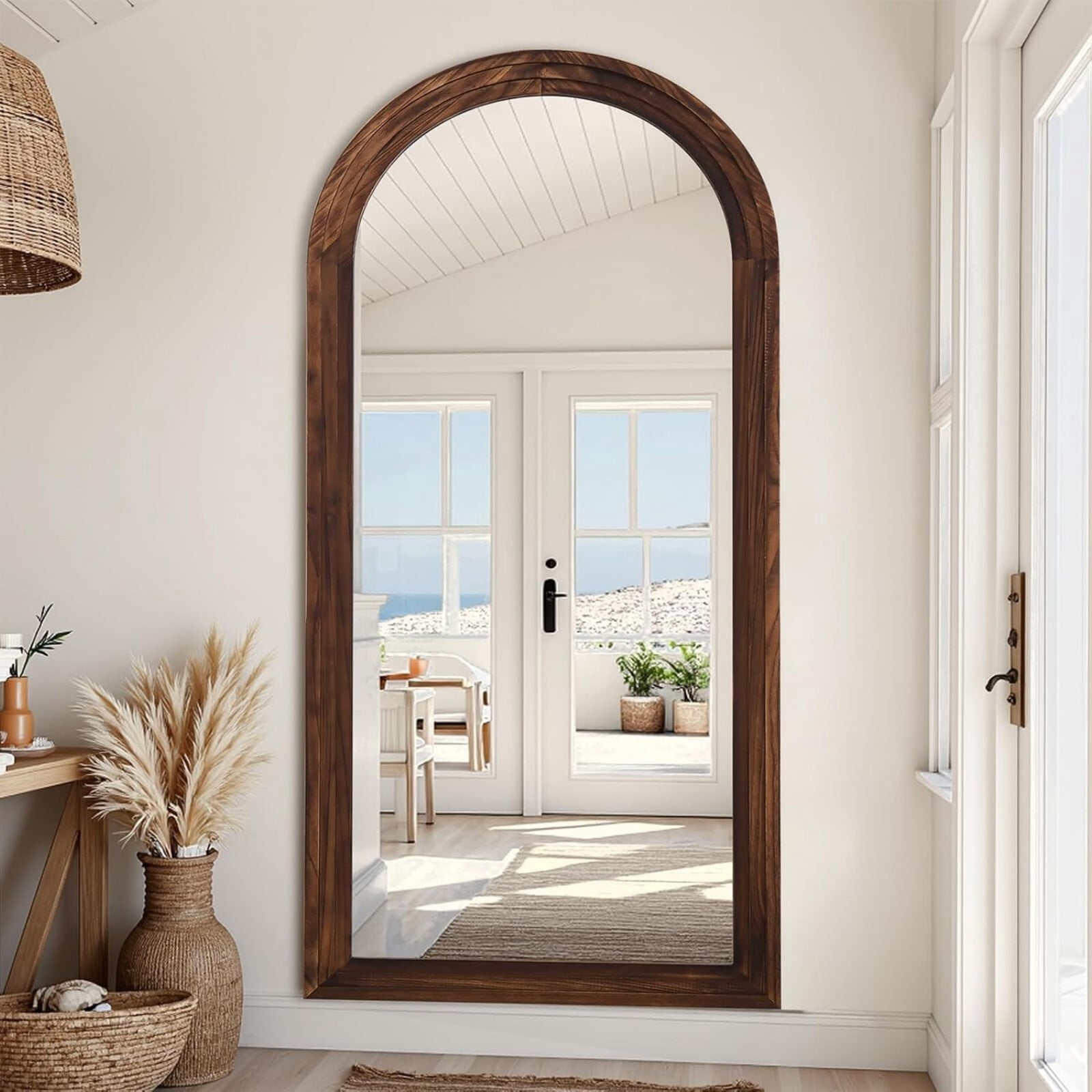 BEAUTYPEAK 71"x30"Wooden Arched Full Length Mirror with Stand,Walnut