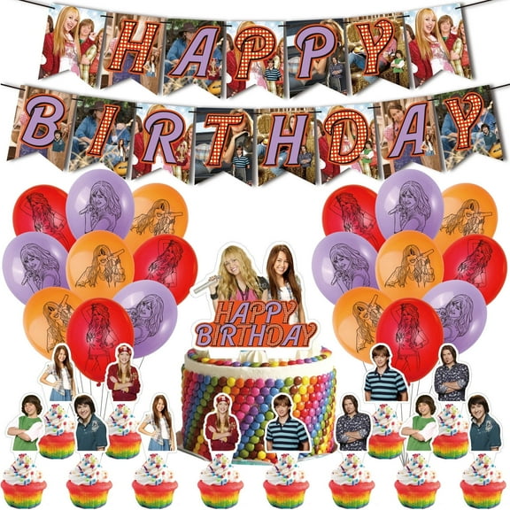 32 Pcs For Hannah Montana Theme Birthday Party Decorations Set 18 Balloons,13 Cupcake Toppers,With 1 Happy Birthday Banner,All-in-One Celebration Party Kit Supplies