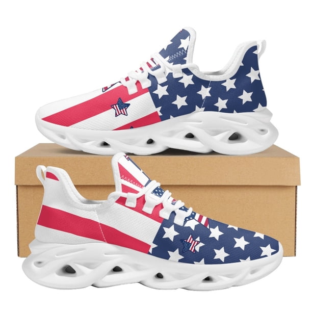 Zapatos deportivos para exteriores con diseño de personalidad y bandera estadounidense para damas, transpirables, cómodos y con amortiguación de aire.