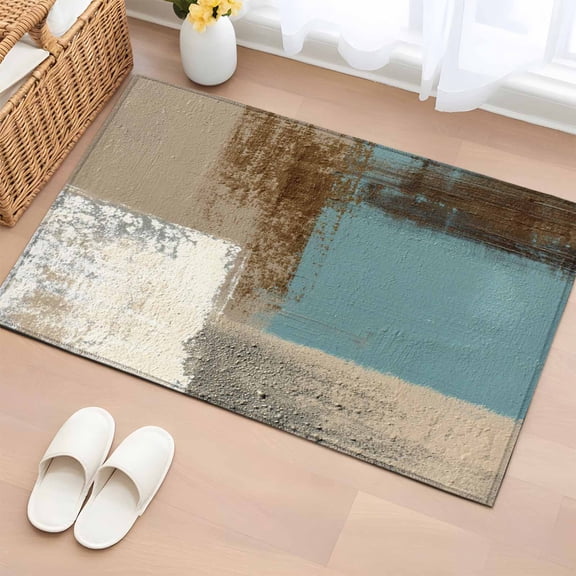 Abstract Blue Bathroom Rug Washable 2x3 Entryway Rug Non Slip Brown Vintage Oil Painting Mottled Texture Front Door Mat Low Pile Indoor Doormat Throw Floor Carpet for Kitchen Bedroom Entrance
