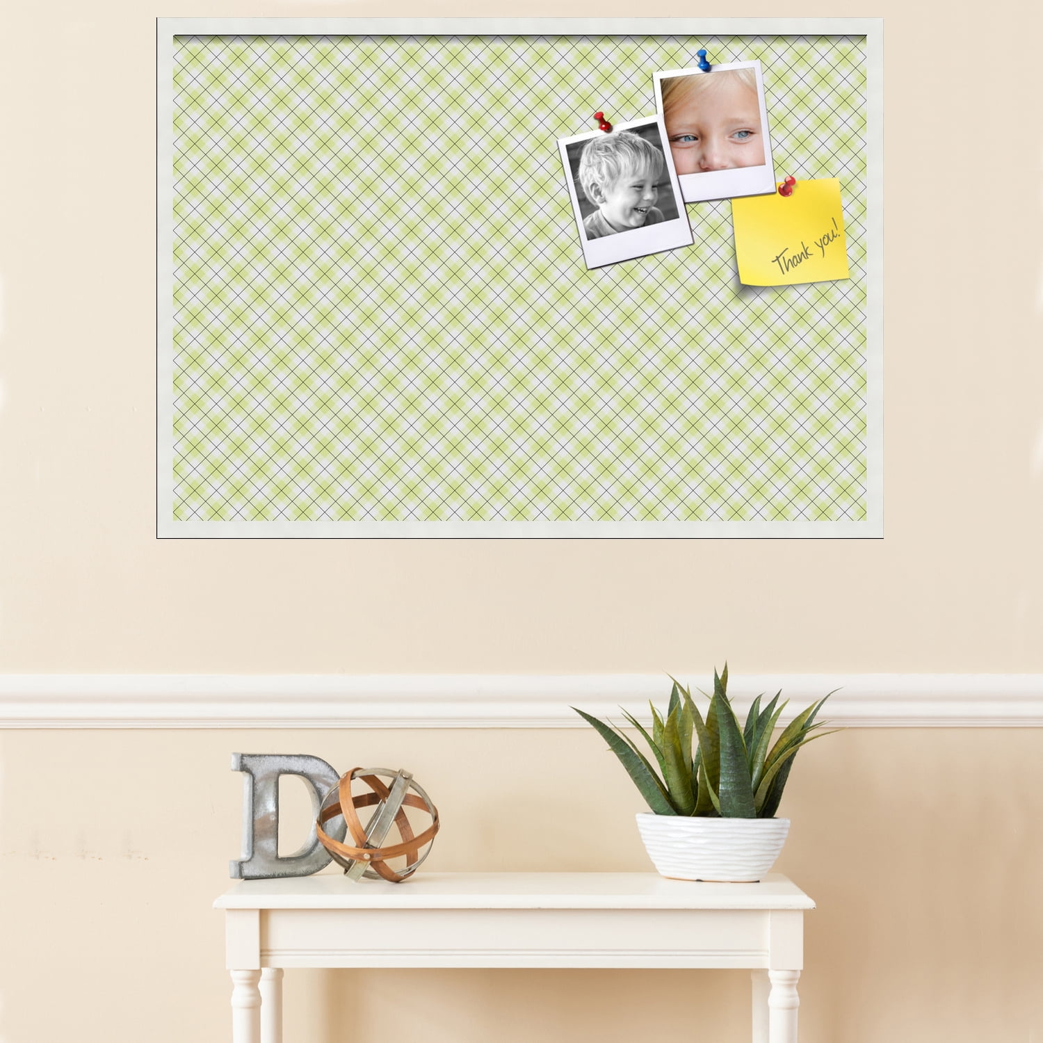 PinPix ArtToFrames 38x26 Custom Cork Bulletin Board Argyle Light Yellow   Poster Board Has a Fabric Style Canvas Finish, Framed in Satin White Frame (PinPix-642)