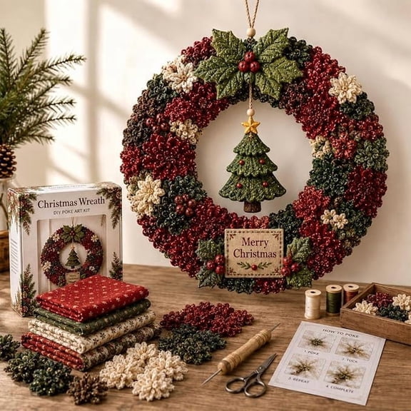 3D Fabric Punch Needle Wreath DIY Kit, Christmas Fabric Wreath Craft Set, Beginner-Friendly No-Sew Craft for Front Door Decor & Meaningful Holiday Home Decor (Christmas Tree Design)