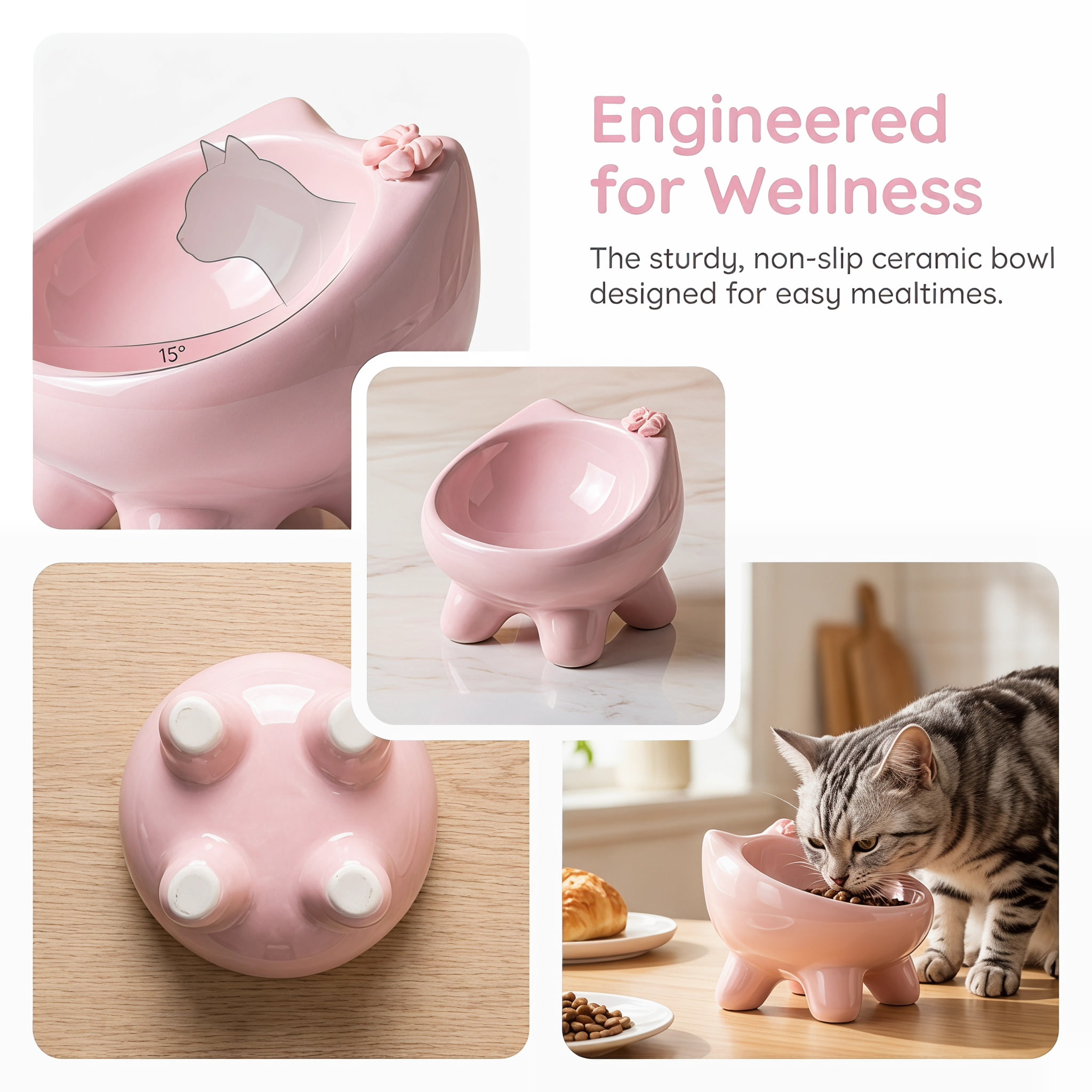 Elevated Ceramic Cat Bowl, Anti-Vomit Ergonomic Tilted Small Dog Food Water Bowl, Neck Protection Stress-Free Pet Feeder with Non-Slip Base, 3oz Capacity, Dishwasher Safe