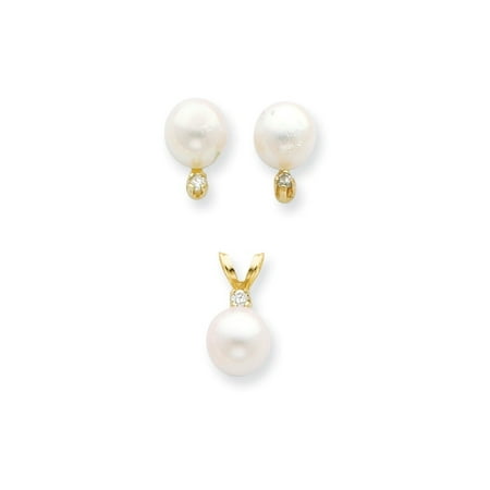 Roberto Coin Gold Jewelry Set (14kt Yellow Gold 7mm Saltwater Akoya Cultured Pearl Diamond Post Stud Earrings Pendant Charm Necklace Set / Fine Jewelry For Women Gift)
