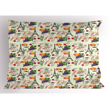 European Pillow Sham French Themed Paris Must Have Macarons Wines Grapes Bikes Berries Eiffel Art Print, Decorative Standard Size Printed Pillowcase, 26 X 20 Inches, Multicolor, by (Best Macaron Shop In Paris)