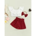 thumbnail image 4 of Qiylii 3 Pieces Kids Girls Clothes Set, Solid Color Boat Neck Flounced Tops+ Shorts with Waist Belt+ Headband, 1-4 Years, 4 of 8