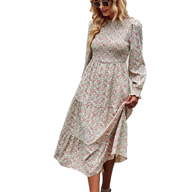 Vestido floral de cintura alta Vestido midi de fibra de poliéster con cuello redondo elástico de manga larga para citas Verde XL