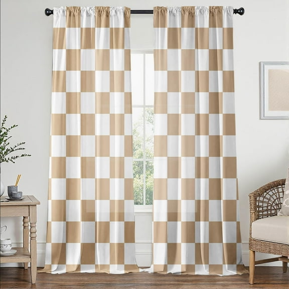 Beige Checkered Curtains for Bedroom,Rod Pocket Brown and White Semi Sheer Curtains Farmhouse Retro Checkerboard Light Filtering Drapes for Living Room,Set of 2 Window Curtain Panels,52 x 84 Inch