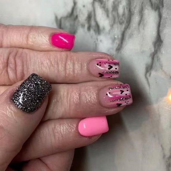 Valentine French Tips Black Color Press Nails Glittering Design Artificial Nails for Women Easy to Apply Comfort