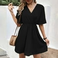 thumbnail image 6 of ZQUUVOU Women's Casual Solid Color Dress Double-Layer Chiffon Waist Cinched Short Sleeved V-Neck Dress Black, 6 of 7