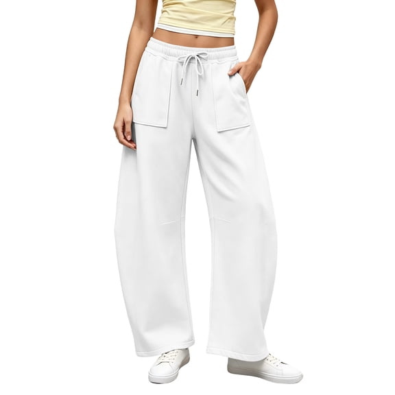Wlynlyn Women’s Barrel Sweatpants Elastic Waist Drawstring Baggy Casual Sports Sweat Track Pants with Pockets(X-Large,White)