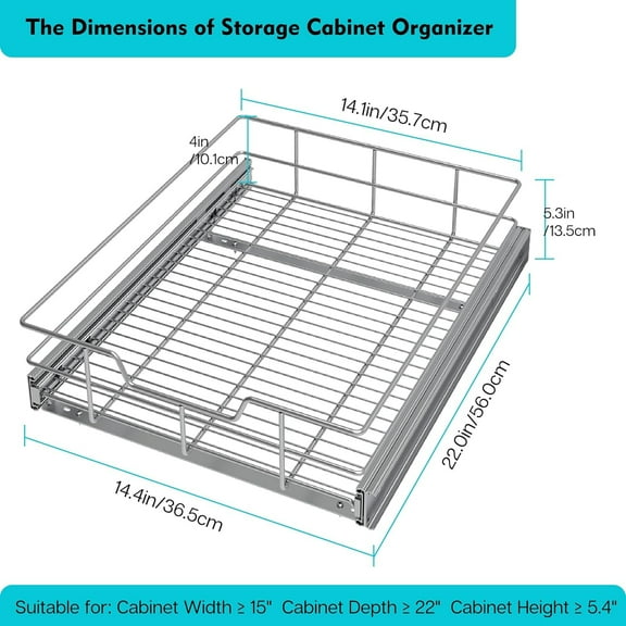 STORING Pull Out Cabinet Organizer 14" W X 22" D, Slide Out Drawers for kitchen organizers and storage, Capacity Heavy Duty Caddy, Shelves Chrome-Plated, Pantry