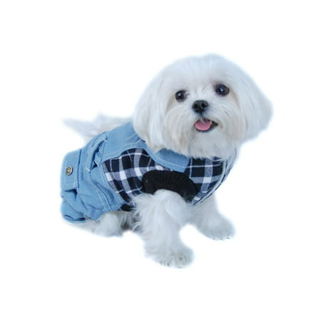 Blue/White Plaid Top with Denim Overalls Puppy Dog Clothing Clothes Pet Outfit (One-Piece) Apparel (Gift for Pet)