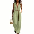 thumbnail image 2 of Guluxicc Women's Contrast Trim Elastic Waist Pleated Wide Leg Jumpsuit Casual Belted Stand Collar Sleeveless Loose Fit Rompers, 2 of 6