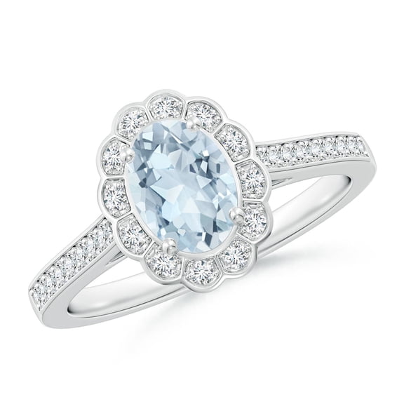 ANGARA Natural Vintage Style Aquamarine & Diamond Scalloped Halo Ring in 14K White Gold for Women (Size-7x5mm) | March Birthstone, Anniversary, Jewelry Gift for Women | Natural Aquamarine Ring