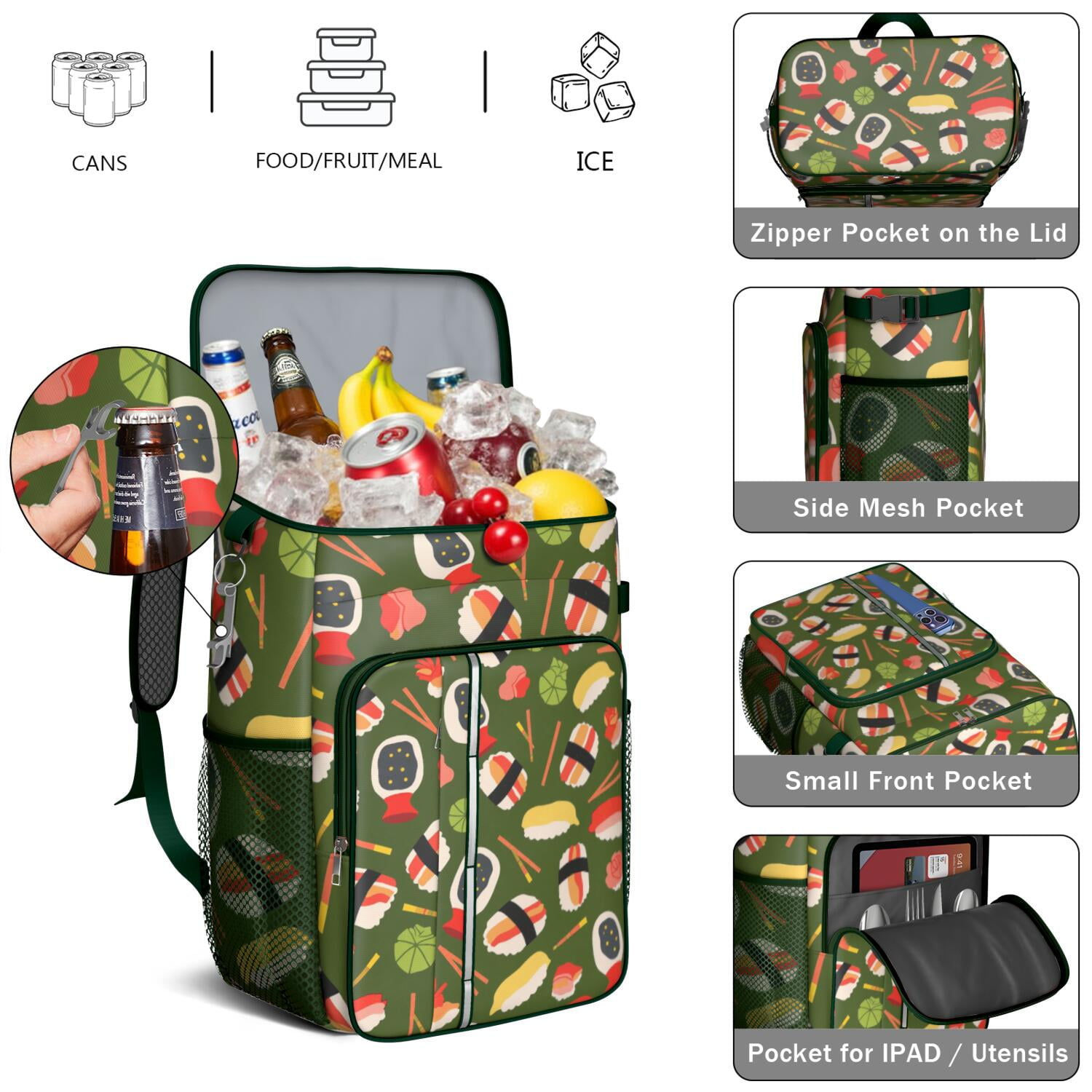 Sushi Cooler Backpack Insulated Waterproof Leak Proof Backpack Cooler Lightweight Lunch Picnic Camping Backpack Cooler for Office Workers Outdoor Enthusiasts