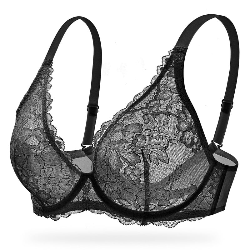 Wingslove Women's Sexy Sheer Lace Bra Underwire Unlined Plunge See Through Push Up Full Coverage Bra,Black 34B