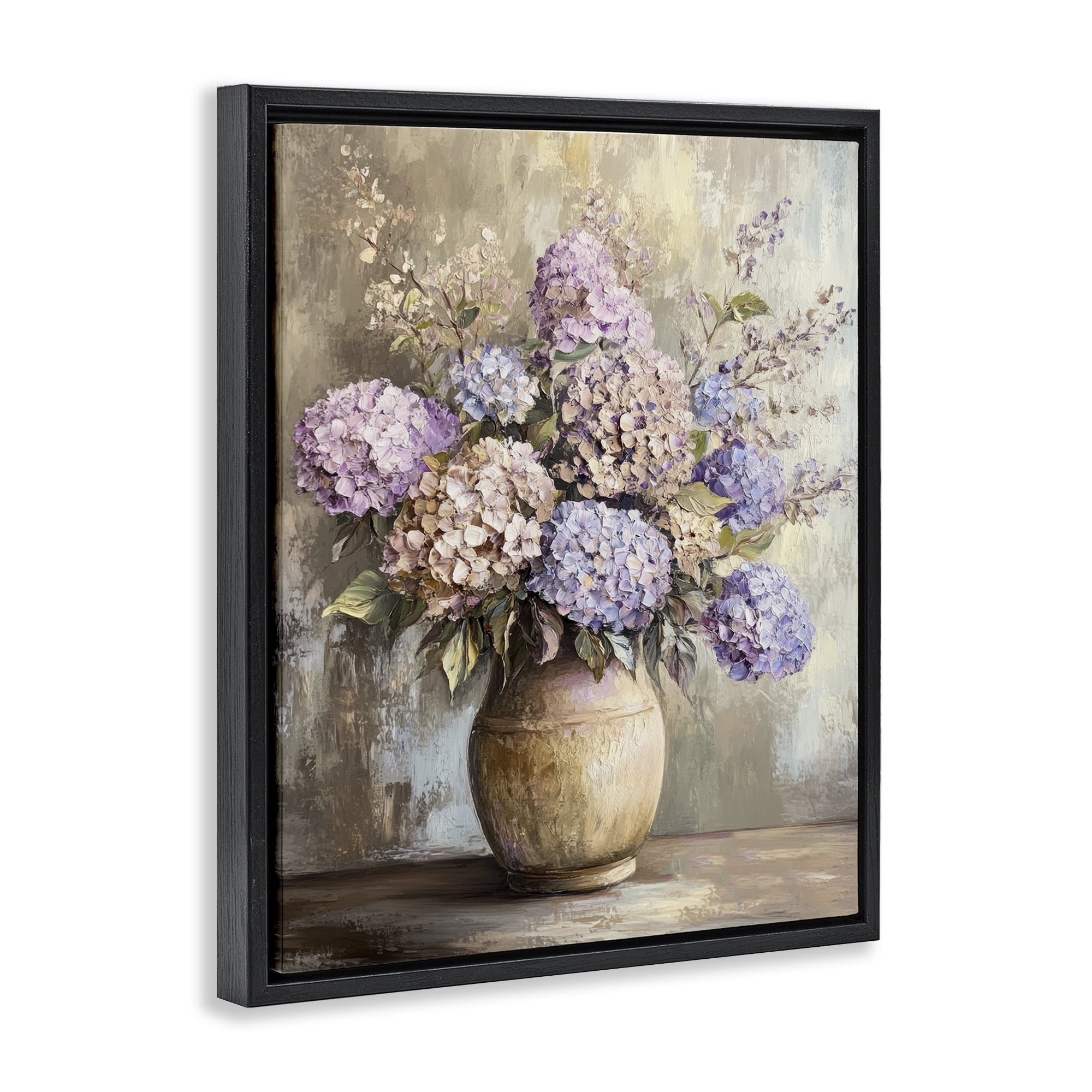 Stupell Industries Purple Hydrangea Pottery Plants & Flowers Painting Black Floater Framed Canvas Art Print Wall Art, 25 x 31