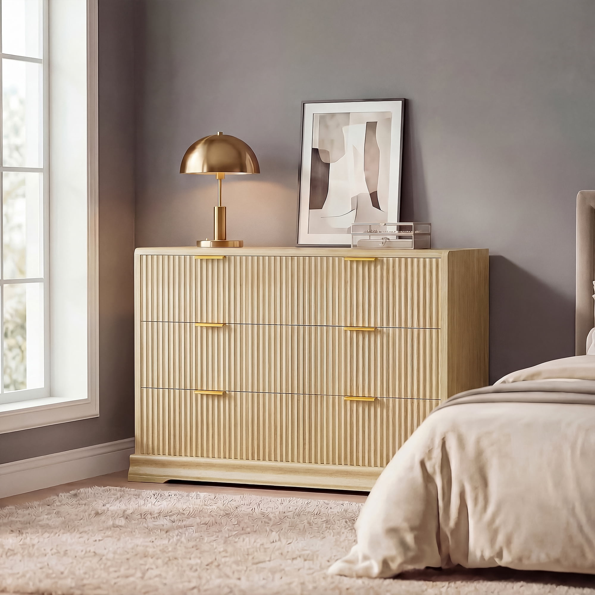 Homall Fluted 6 Drawers Dresser for Bedroom, 48" Modern Chest of Drawers with Metal Handle, Wood Closet Storage Organizer for Living Room, Natural