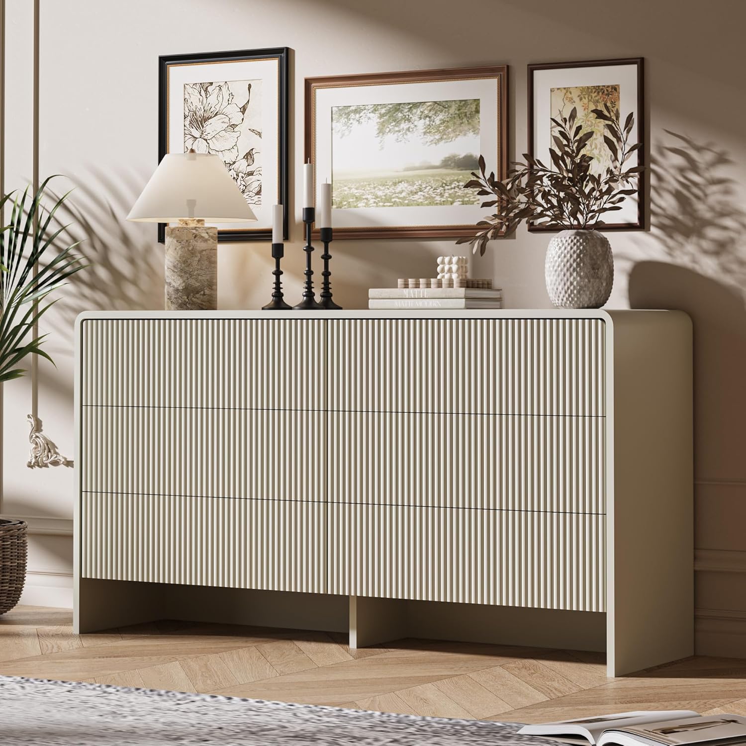 FURNIWAY Beige Curved 6 Drawer Dresser, Modern Long Dresser for Bedroom, Living Room, or Entryway, Push to Open Storage Chest, Minimalist Scandinavian Style
