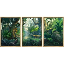 wall26 Framed Canvas Print Wall Art Set Fantasy Green Tropical Jungle & River Floral Nature Illustrations Modern Art Rustic Scenic Wilderness for Living Room, Bedroom, Office - 16"x24"x
