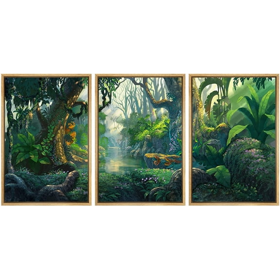 wall26 Framed Canvas Print Wall Art Set Fantasy Green Tropical Jungle & River Floral Nature Illustrations Modern Art Rustic Scenic Wilderness for Living Room, Bedroom, Office - 16"x24"x