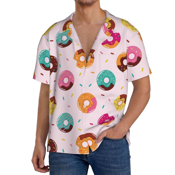 Balery Colorful Donuts Camisa Casual de Manga Corta con Botones para Hombre, Texturizada, Estilo Cubano, para Playa, Verano-Small