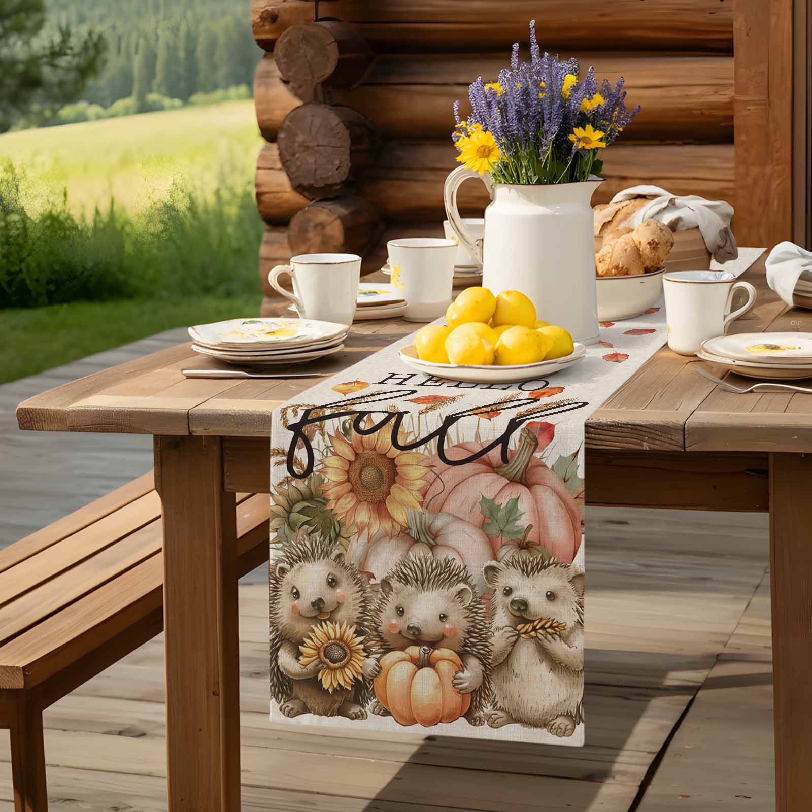 Fall Thanksgiving Hedgehog Pumpkin Table Runner 90 Inches Long, Sunflower Leaves on Flax Table Runners Tabletop Scarf Kitchen Dining Tables Decoration for Home Party Indoor Outdoor