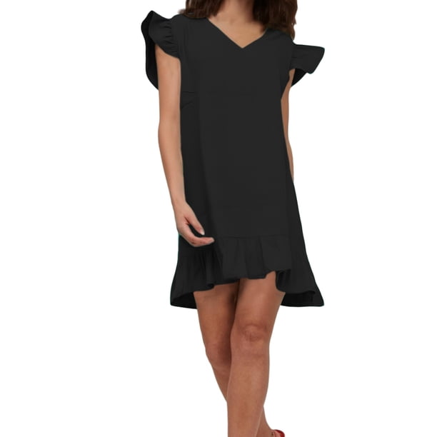 Vestido de mujer con cuello en V, mangas con volantes y bajo con volantes - Ligero, transpirable y fluido - Ropa informal de verano para fiestas y vacaciones
