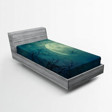 Ambesonne Horror House Fitted Sheet, Haunted Forest, Twin Size, Blue