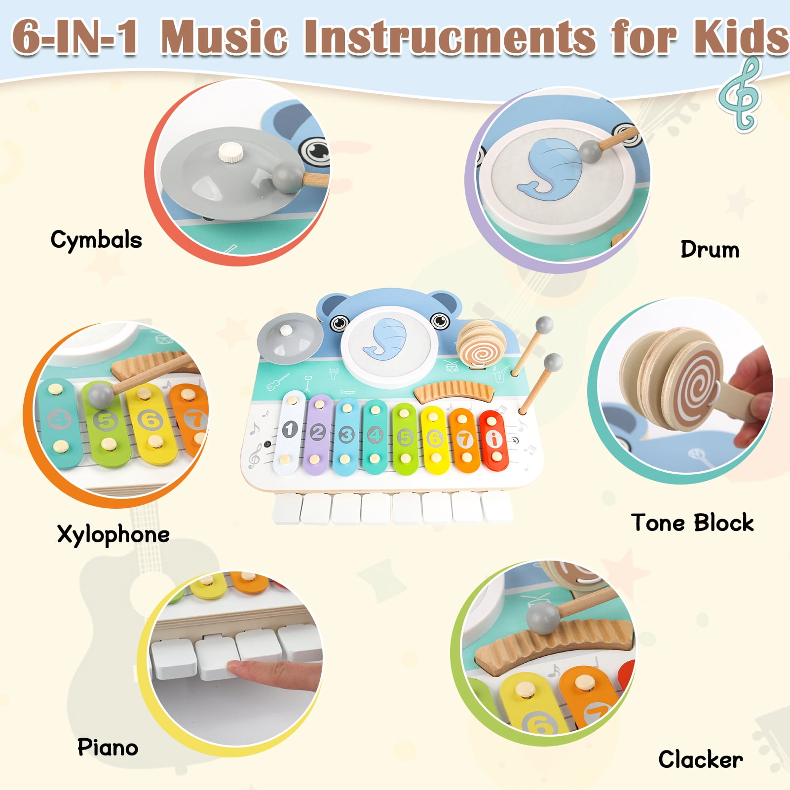 Wdmiya Baby Piano Xylophone for Toddlers 1-3, 6-in-1 Wooden Kids Musical Instruments, Music Toys with Drum Keyboard Sheet Music, Preschool Educational Birthday Gitfs for 1 2 3 Years Old Boys Girls